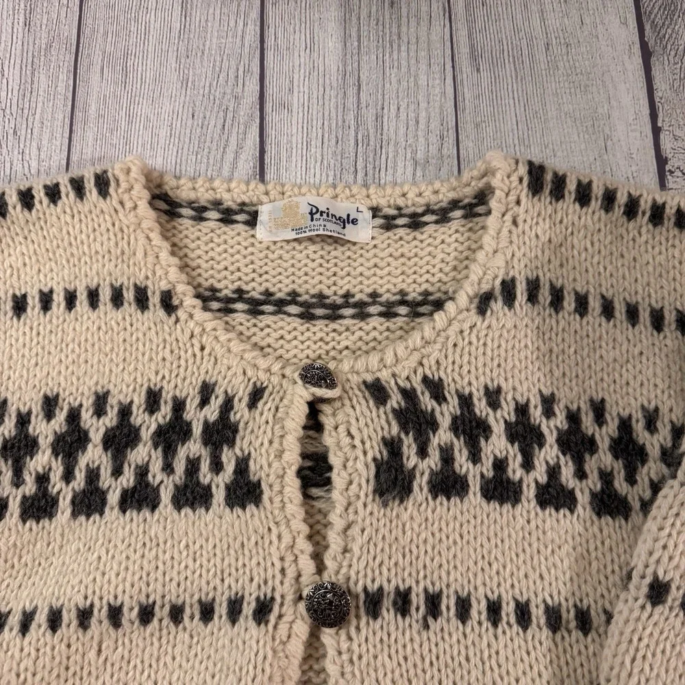 Vintage Pringle Of Scotland Women's L Shetland Wool Fair Isle Cardigan Sweater